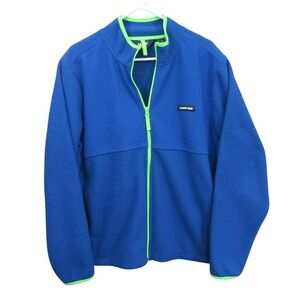 Lands End Mens‎ Fleece Jacket L Blue Grid Full Zip Mock Neck Logo
